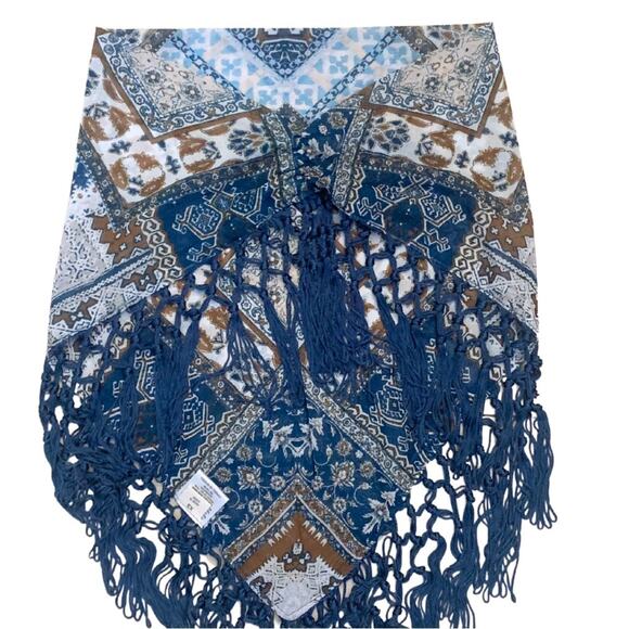 Boho Western Teal Blue Tan Brown Print Bandana Neck Scarf Size XS Fringe - Picture 6 of 11